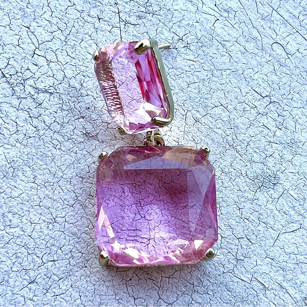 925 Sterling Silver double square Gold & Baby Pink crystal dangle drop earrings - Picture 5 of 6
